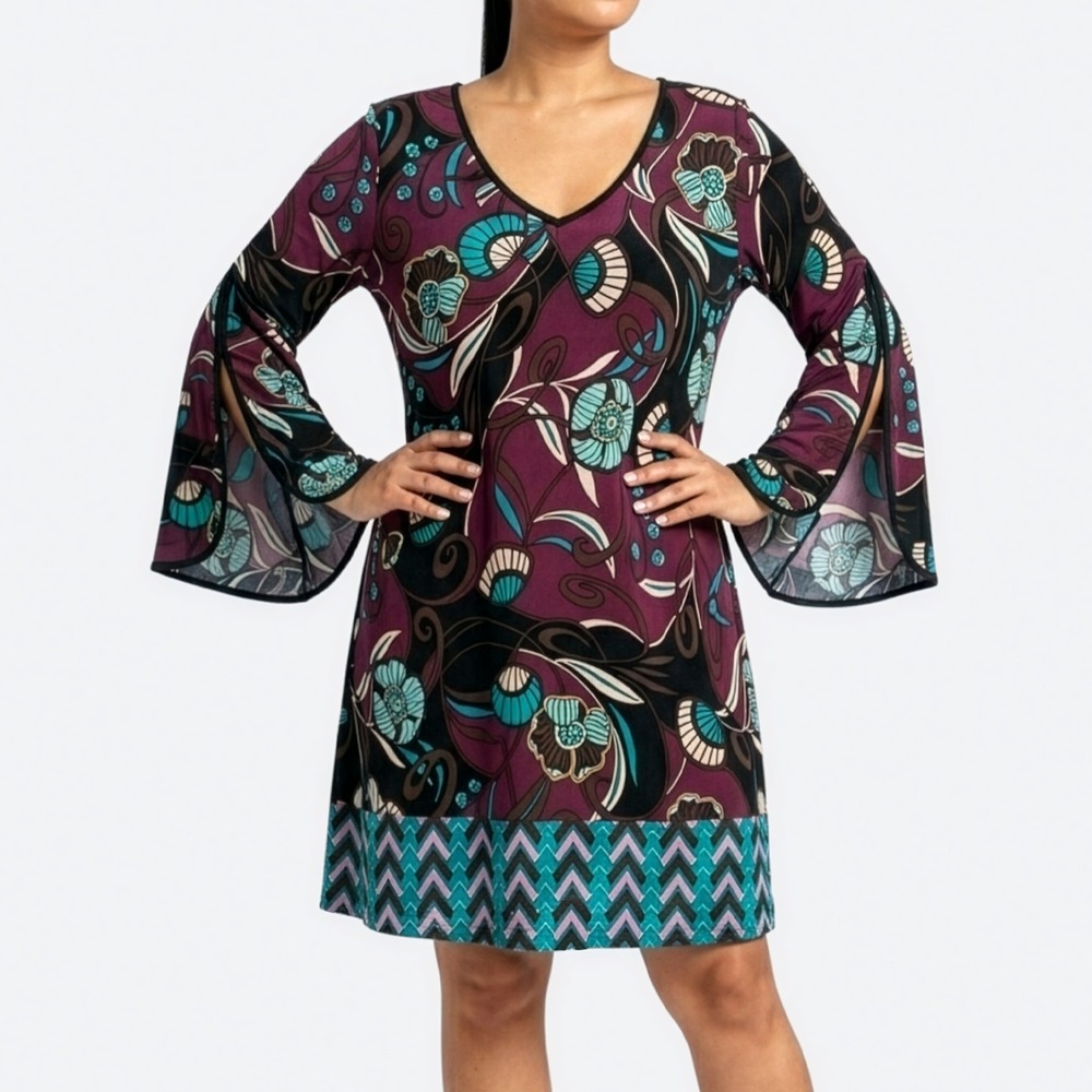 Bisou Bisou Tunic Dress Aqua Plum Floral Split Bell Long Sleeve Retro 60s M L 0X